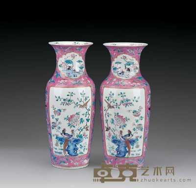 清同治 粉彩开光花鸟瓶（一对） 高31cm